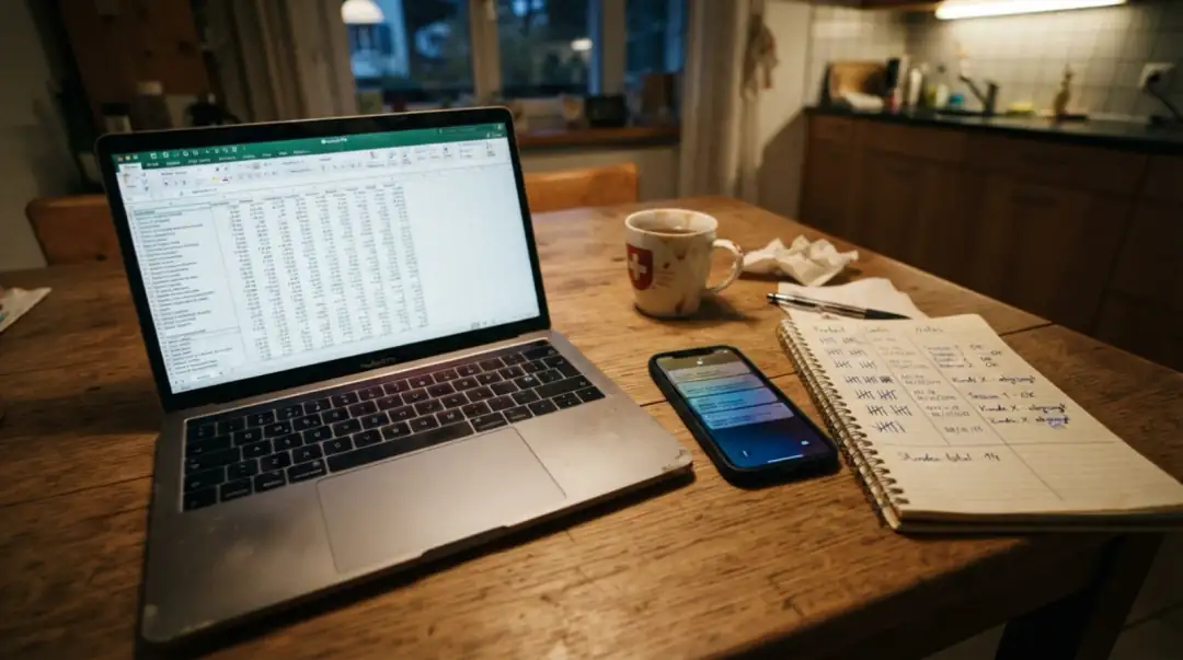 Table de cuisine le soir : un ordinateur portable ouvert sur un tableur, un téléphone avec des messages de clients, un carnet où les séances des forfaits sont comptées à la main